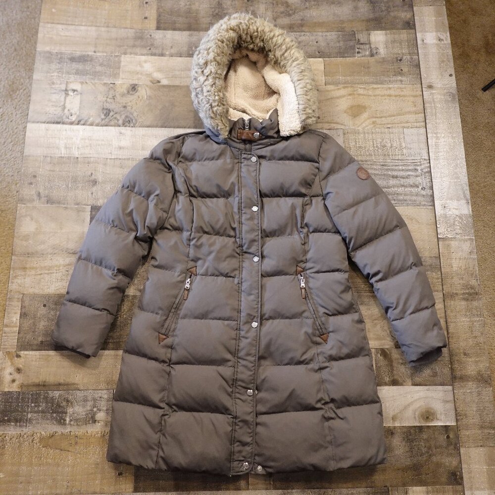 Lauren Ralph Lauren Down Puffer Coat Women’s Large Taupe Hooded Faux Fur